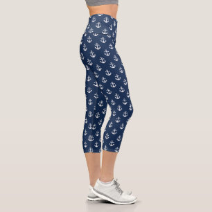 Nautical white anchor on a navy blue background capri leggings