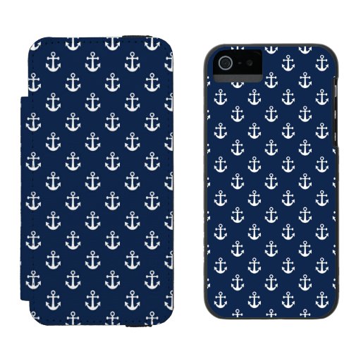 Nautical white anchor on a navy blue background iPhone SE/5/5s wallet case