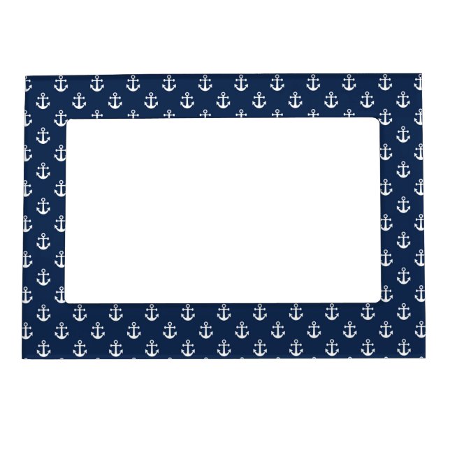 Nautical white anchor on a navy blue background magnetic frame (Front)
