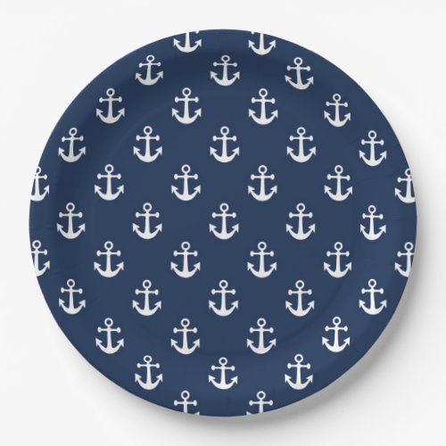 Nautical white anchor on a navy blue background paper plates