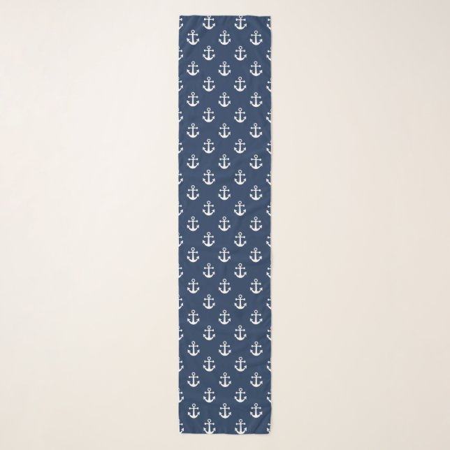 Nautical white anchor on a navy blue background scarf (Front)