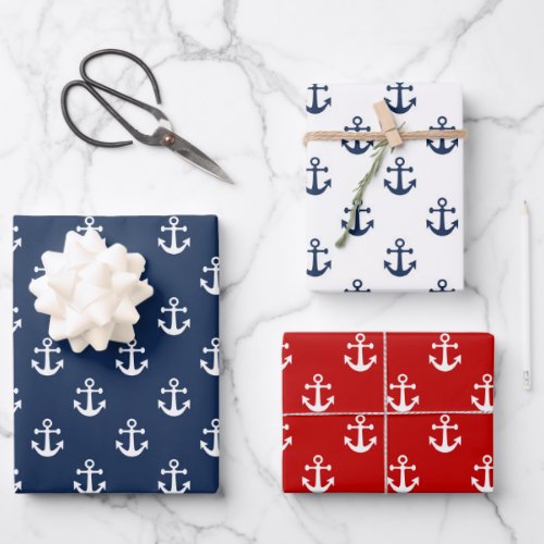 Nautical white anchor on a navy blue background wrapping paper sheets