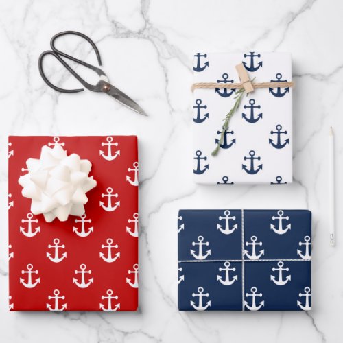 Nautical white anchor on a red background wrapping paper sheets