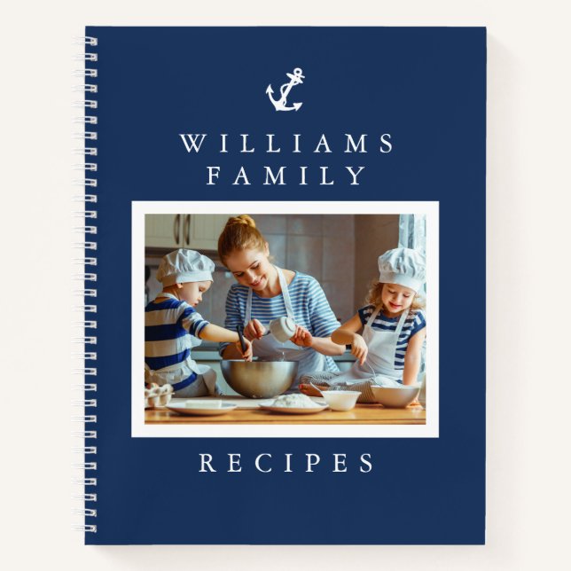Nautical White Anchor on Blue Family Photo Recipe Notebook (Front)