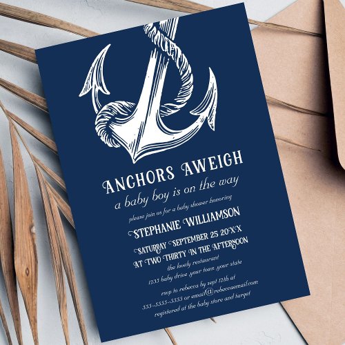 Nautical White Anchor on Navy Baby Shower  Invitation