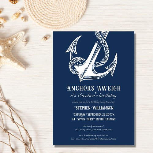 Nautical White Anchor on Navy Birthday Party Invitation