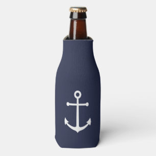 Nautical White Anchor on Navy Blue Bottle Cooler