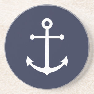 Nautical White Anchor on Navy Blue Coaster