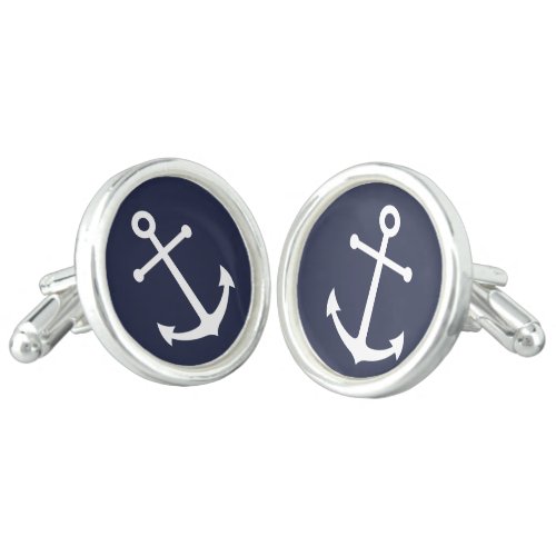 Nautical White Anchor on Navy Blue Cufflinks