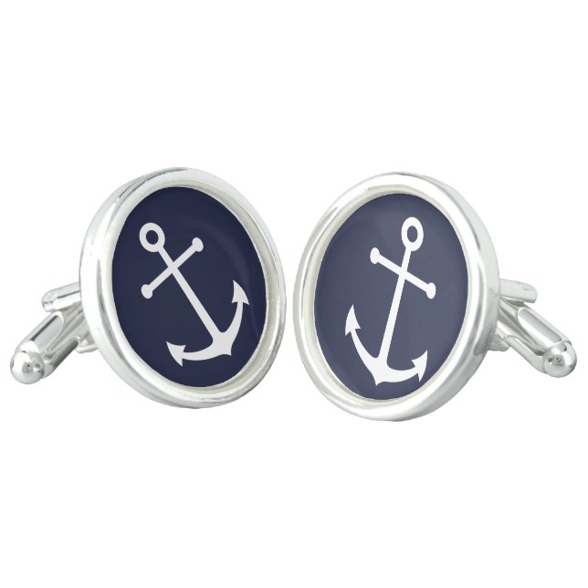 Nautical White Anchor on Navy Blue Cufflinks (Angled)
