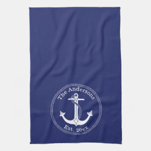 Nautical White Anchor on Navy Blue Family Name Kitchen Towel