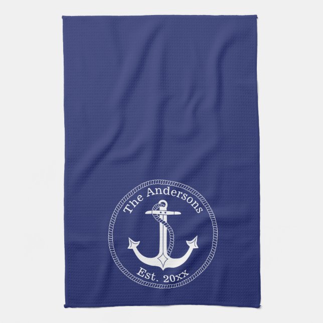 Nautical White Anchor on Navy Blue Family Name Kitchen Towel (Vertical)