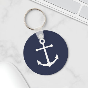 Nautical White Anchor on Navy Blue Keychain