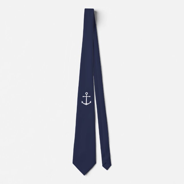 Nautical White Anchor on Navy Blue Neck Tie (Front)