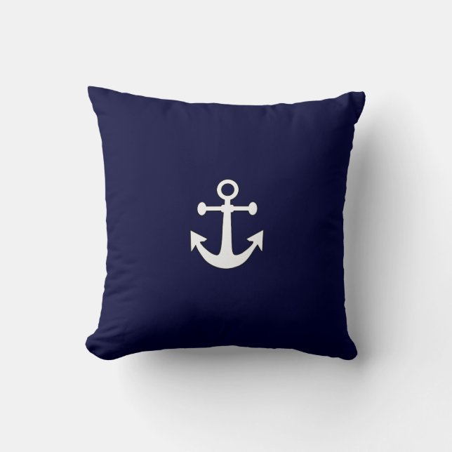 Nautical White Anchor on Navy Throw Pillow (Front)