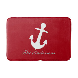 Nautical White Anchor on Red, Personalized Bathroom Mat