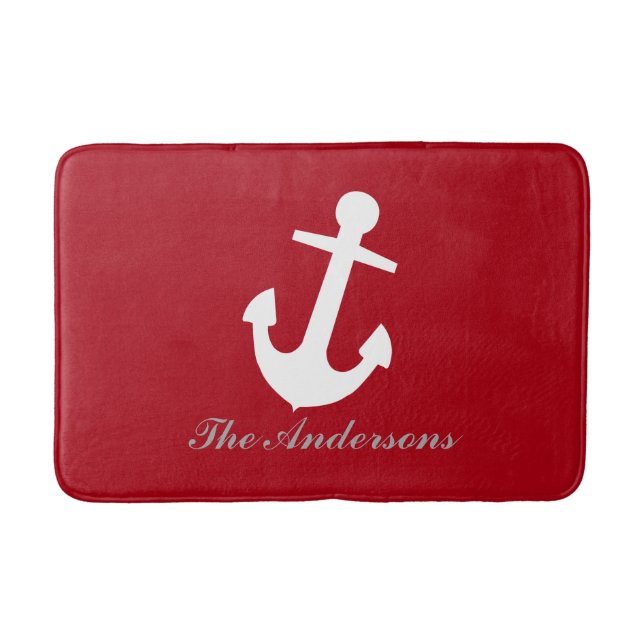 Nautical White Anchor on Red, Personalized Bathroom Mat (Front)