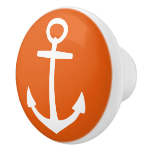 Nautical White Anchor on Wild Tangerine Ceramic Knob