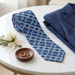 Nautical White Anchor Pattern Azure Blue Stripes Neck Tie