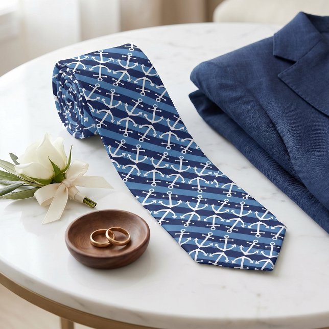 Nautical White Anchor Pattern Azure Blue Stripes Neck Tie (Creator Uploaded)
