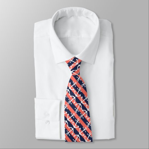 Nautical White Anchor Pattern On Coral Red Stripes Neck Tie