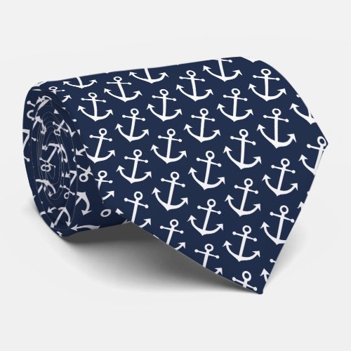 Nautical White Anchor Pattern On Dark Blue Neck Tie
