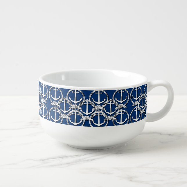 Nautical White Anchor Pattern Soup Mug (Left)