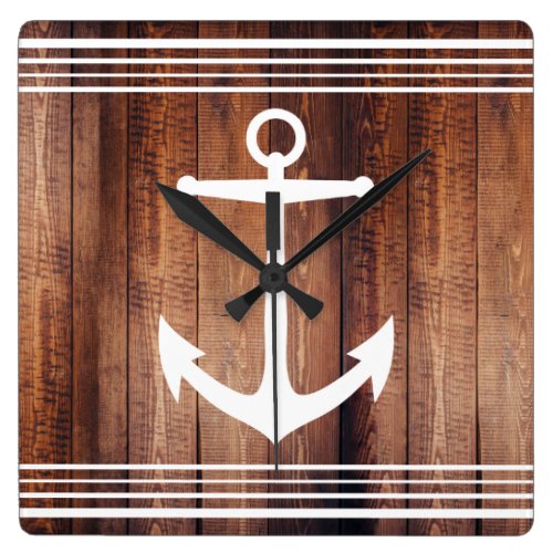 Nautical White Anchor &amp; Stripes Barn Wood Planks Square Wall Clock