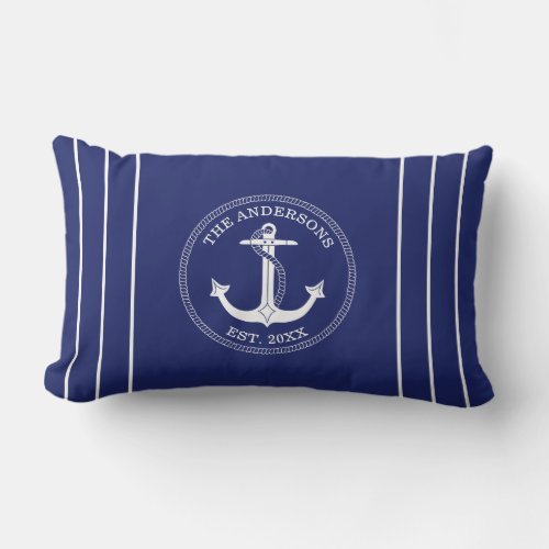 Nautical White Anchor Stripes on Blue Family Name Lumbar Pillow