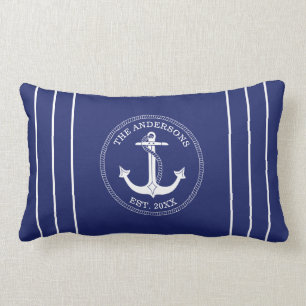 Nautical White Anchor Stripes on Blue Family Name Lumbar Pillow