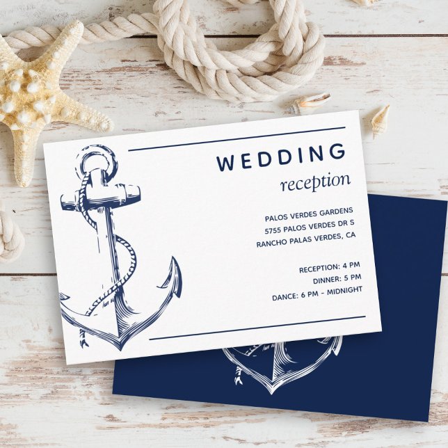 Nautical White Anchor Wedding Reception Enclosure Card (Wedding reception invitation that features an anchor and is in a navy and white classic theme.)