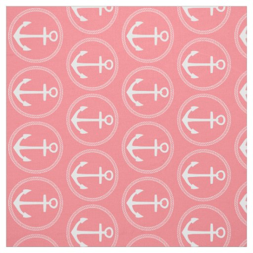 Nautical White Anchors and Rope on Coral Pink Fabric