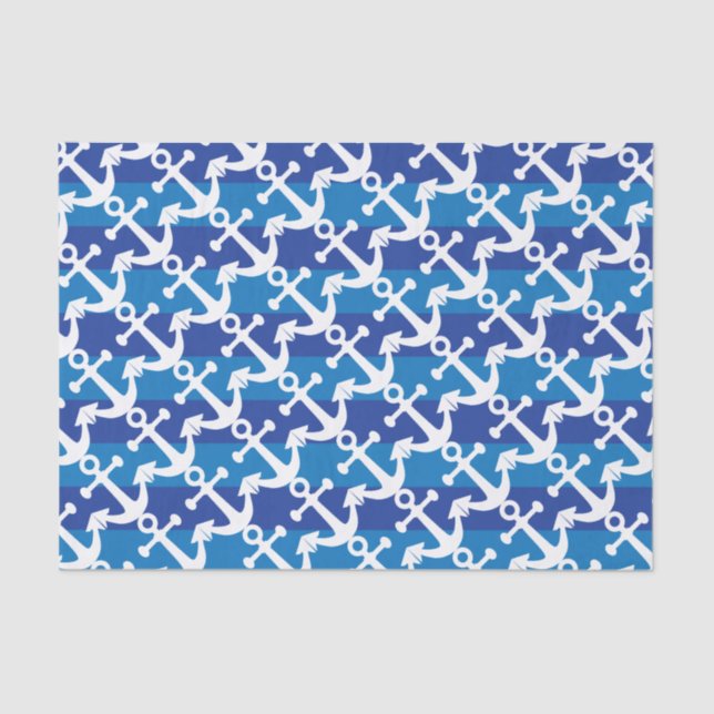 Nautical | White Anchors | Blue Stripes Tissue Paper (Front)