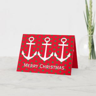 Nautical White Anchors on Red and Green Polka Dots Holiday Card