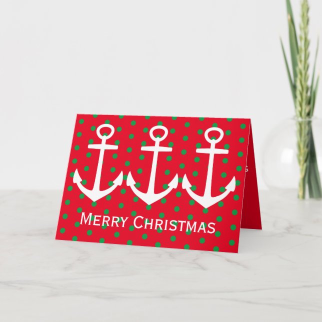 Nautical White Anchors on Red and Green Polka Dots Holiday Card (Front)