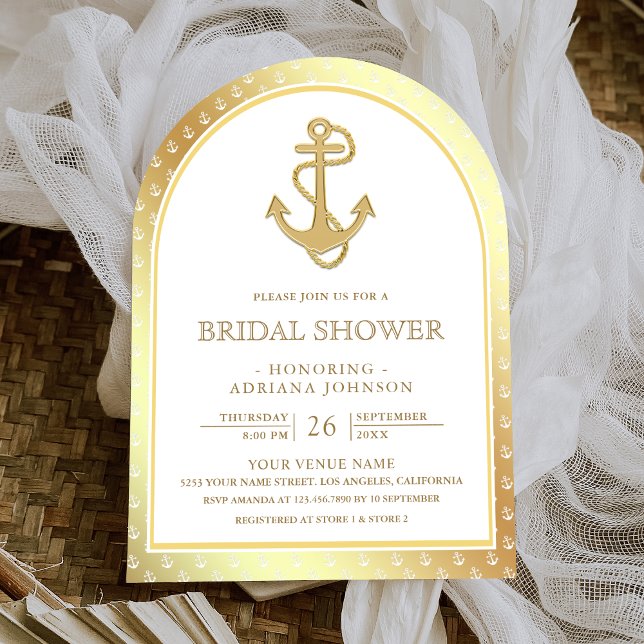 Nautical White and Gold Anchor Arch Bridal Shower Invitation (Creator Uploaded)