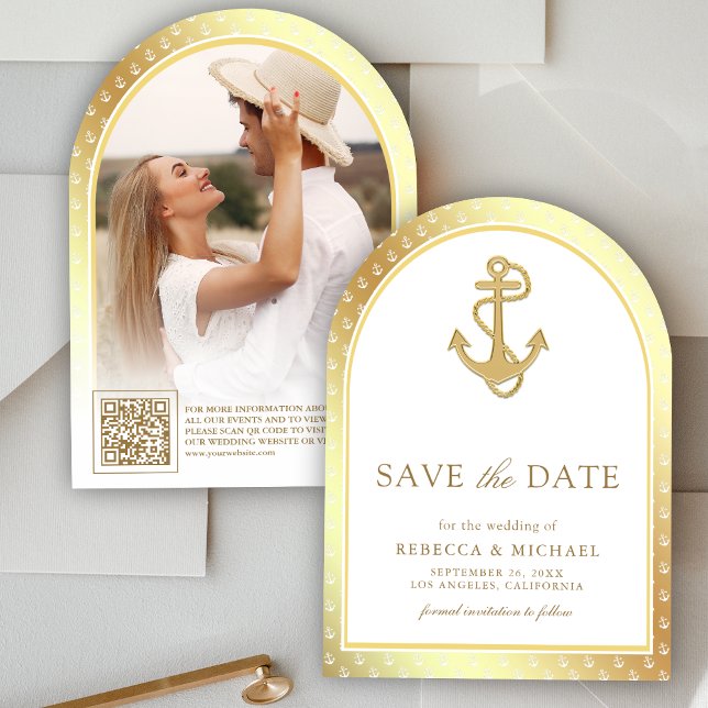 Nautical White and Gold Anchor Arch Photo Wedding Save The Date (Creator Uploaded)