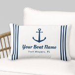 Nautical White and Navy Custom Boat Name Lumbar Pillow<br><div class="desc">Nautical lumbar throw pillow in a horizontal format features an elegant boat anchor with preppy horizontal stripes. Personalize the custom text with your boat name and location. Design includes a classic coastal white and navy blue color scheme. Two-sided pillow is available in indoor and outdoor fabric options.</div>