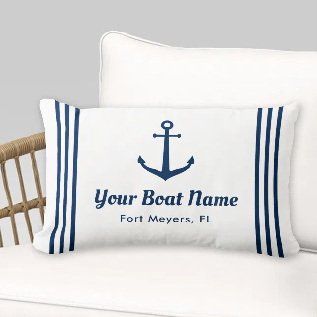 Nautical White and Navy Custom Boat Name Lumbar Pillow | Zazzle