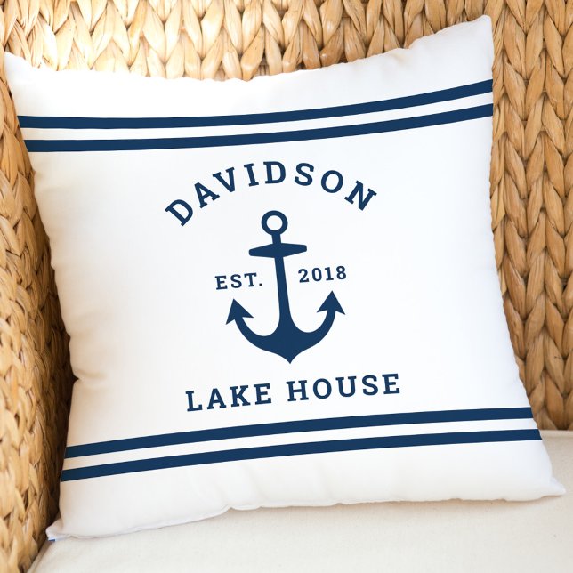 Nautical White and Navy Custom Family Lake House Throw Pillow (Creator Uploaded)