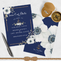 Nautical White Anemone &amp; Navy Blue Anchor Wedding Save The Date