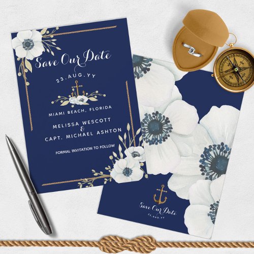 Nautical White Anemone  Navy Blue Anchor Wedding Save The Date