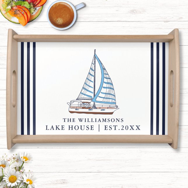 Nautical White Blue Boat Personalized Lake House Serving Tray (Creator Uploaded)