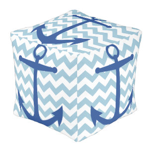 Nautical White Chevrons and Navy Anchors Pouf
