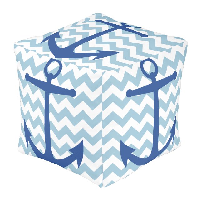 Nautical White Chevrons and Navy Anchors Pouf (Angled Front)