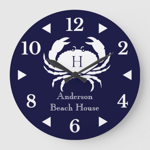 Nautical White Crab  Navy blue Coastal  Large Clock