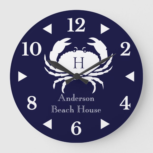 Nautical White Crab  Navy blue Coastal  Large Clock (Front)