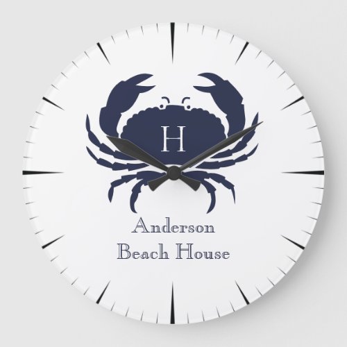 Nautical White Crab Navy blue Coastal Monogram Lar Large Clock