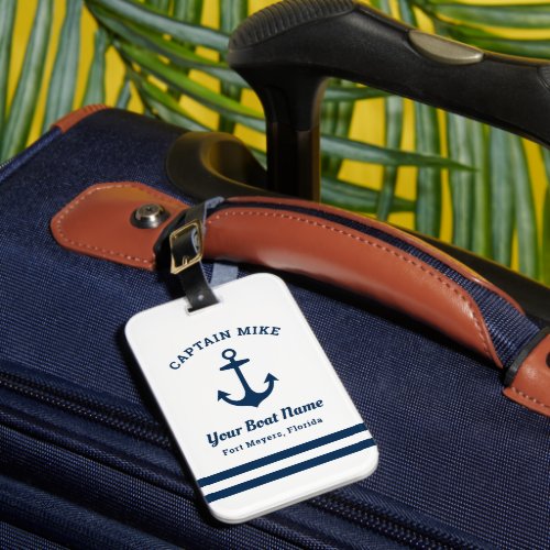 Nautical White Custom Captain Boat Name Luggage Tag