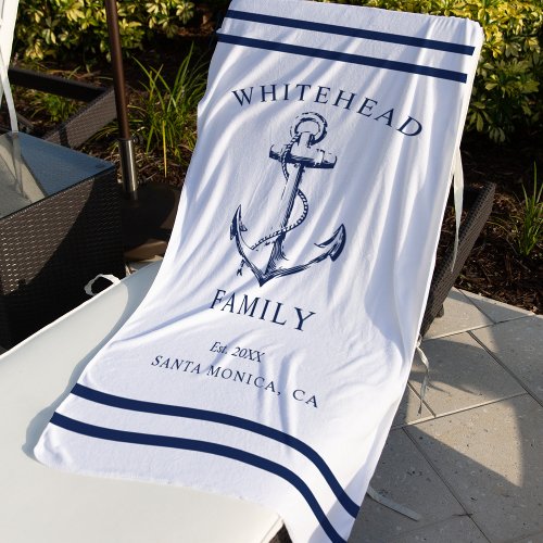 Nautical White Custom Family Anchor Beach Towel